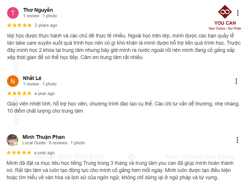 Đánh giá của học viên tại Ngoại ngữ You Can Bình Thạnh
